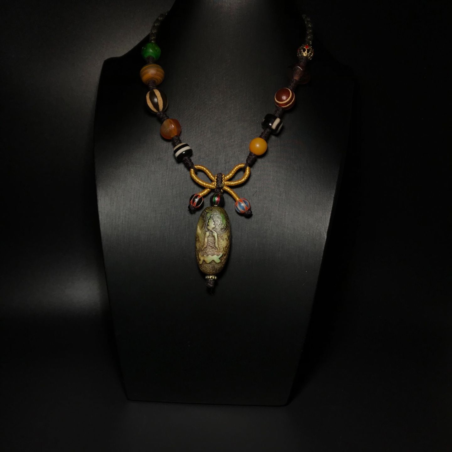 旧家蔵出し 瑪瑙細密彫 包漿 蔵伝 自然風化紋 青稞 觀音天珠 多寶