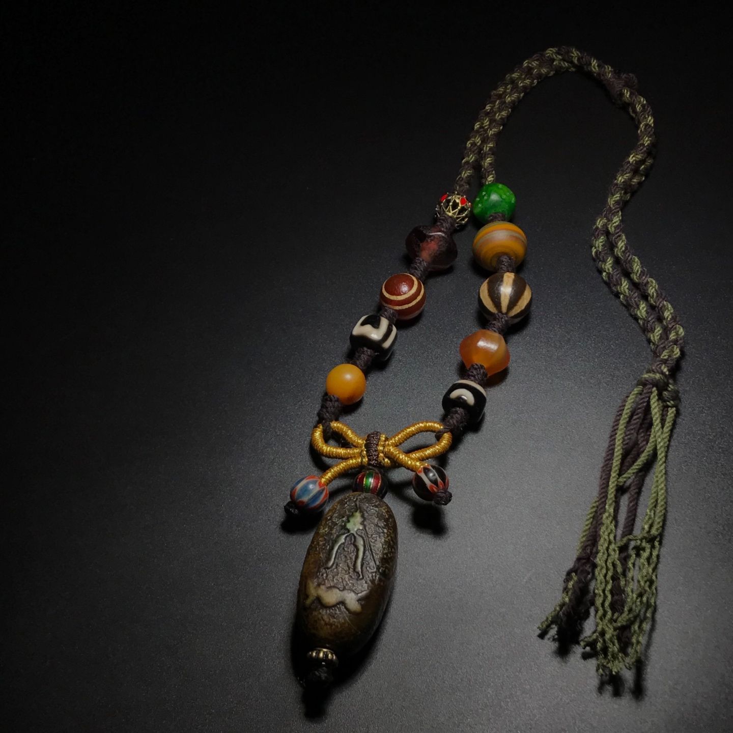 旧家蔵出し 瑪瑙細密彫 包漿 蔵伝 自然風化紋 青稞 觀音天珠 多寶