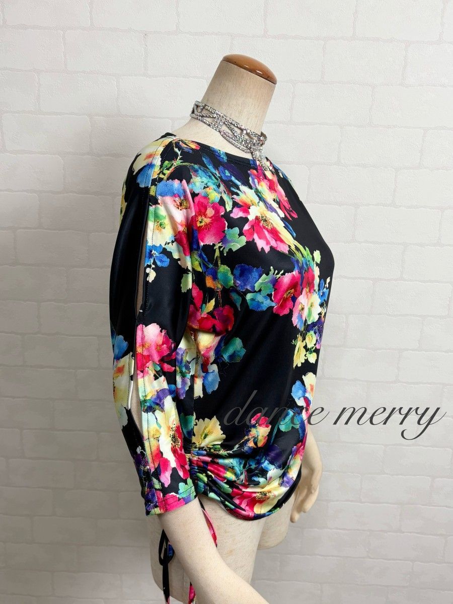 新品 社交ダンス 黒 カラフル 赤 黄色 ドルマン トップス 花柄