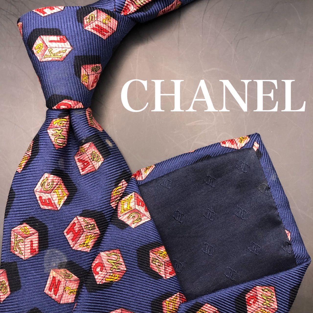 美品】CHANEL シャネル ネクタイ ネイビー 紺 ココマーク ブロック柄
