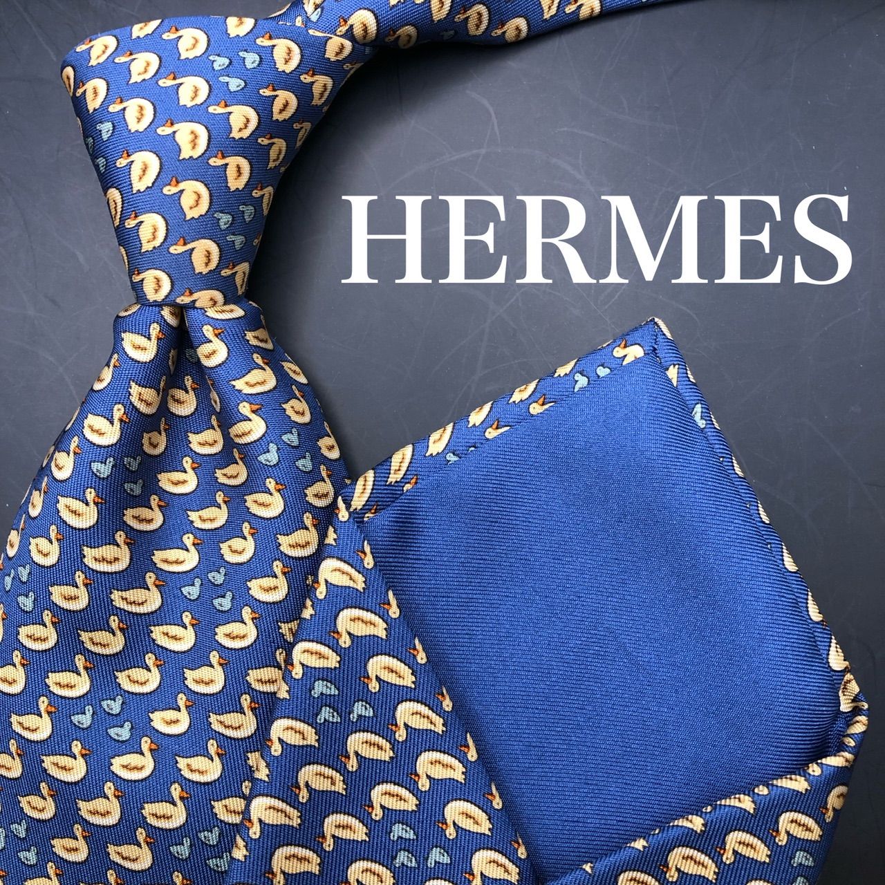 美品】HERMES エルメス ネクタイ ブルー アヒル柄 青 シルク フランス