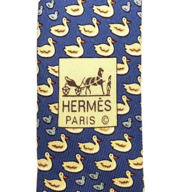 美品】HERMES エルメス ネクタイ ブルー アヒル柄 青 シルク フランス