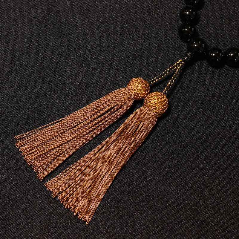 御念珠/頭付房 黒瑪瑙 オニキス12mm 金針水晶 ゴールドルチル 仕立て