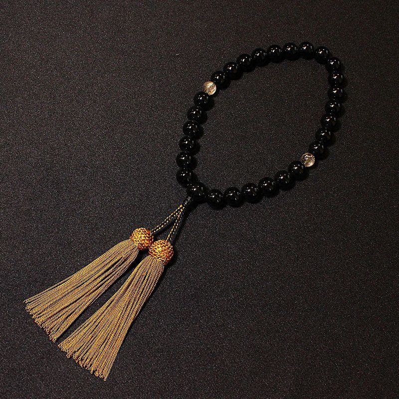 御念珠/頭付房 黒瑪瑙 オニキス12mm 金針水晶 ゴールドルチル 仕立て