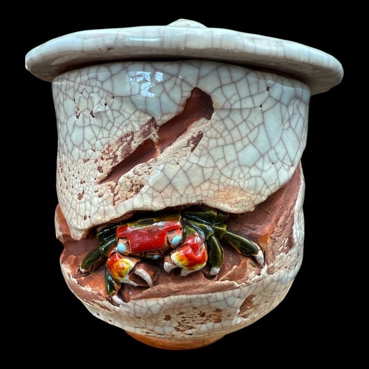 楽山焼 蟹細工 夫婦湯呑 共箱 前田楽山 松山 楽山道具Rare Rakuzan