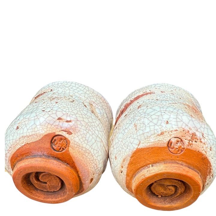 楽山焼 蟹細工 夫婦湯呑 共箱 前田楽山 松山 楽山道具Rare Rakuzan