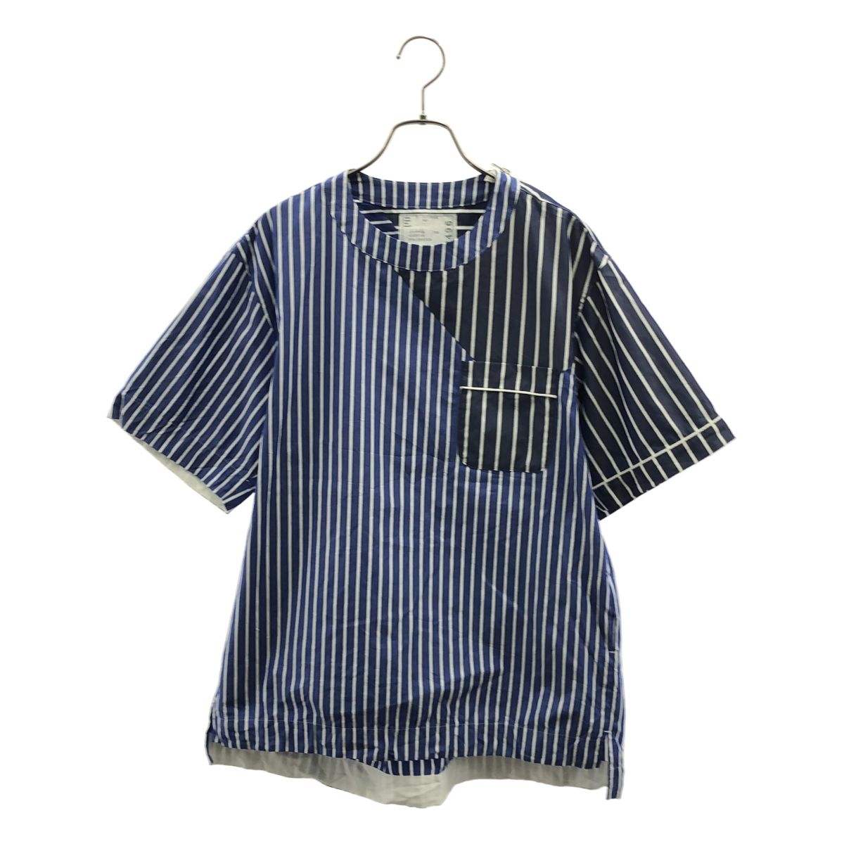 sacai 美品 sacai コットン ストライプ柄 肩ジップ 半袖 Tシャツ 