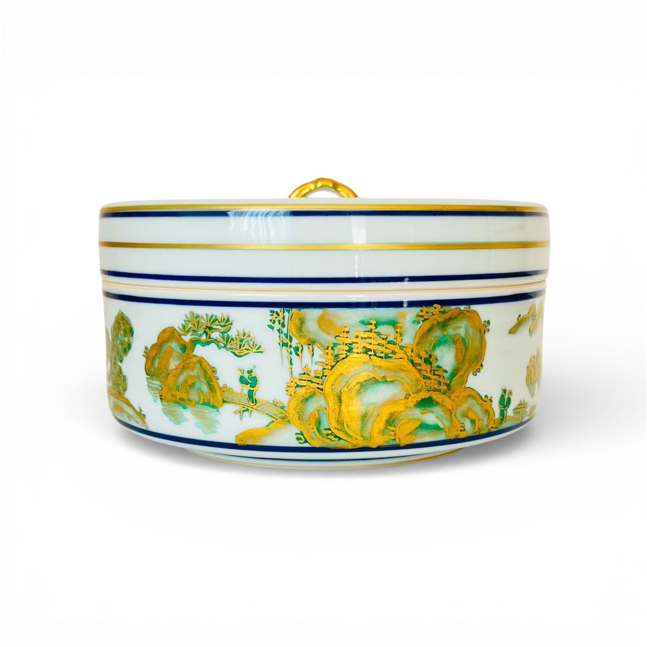 食籠 緑地金襴手 山水 平安桃峰 共箱入 茶道具 菓子器 食篭 喰籠 伝統