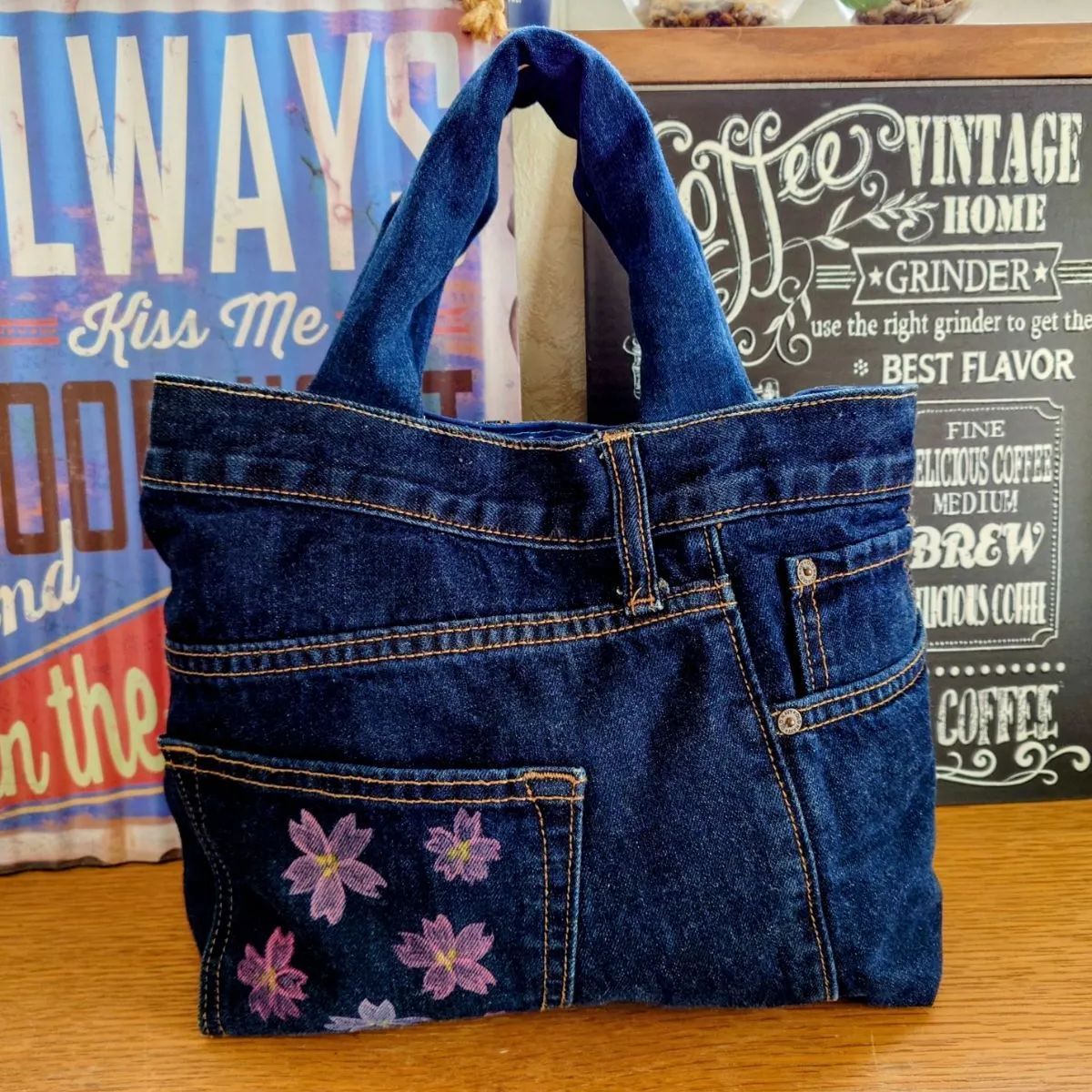 96☆USEDダークデニムリメイク☆トートバッグ☆サクラペイント☆サブ