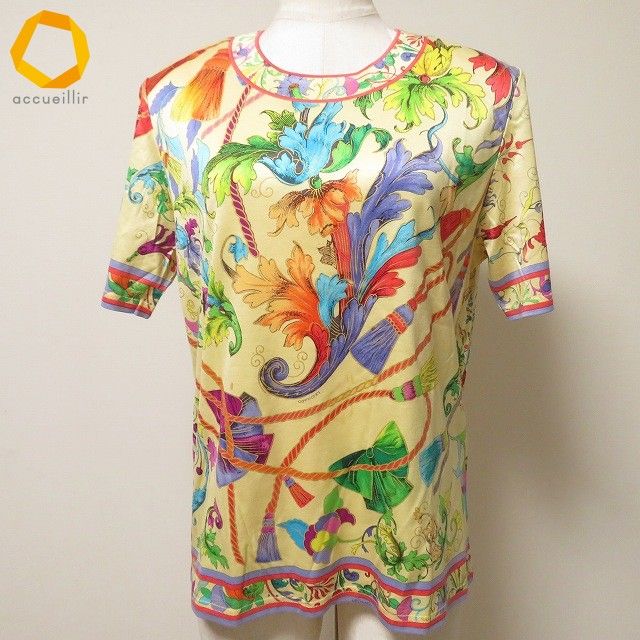 sxc レオナール LEONARD カットソー L 黄色 マルチ 半袖 花柄 リボン柄