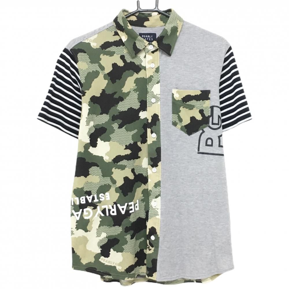 超美品】パーリーゲイツ 半袖シャツ グレー×カーキ 一部カモフラ柄 袖
