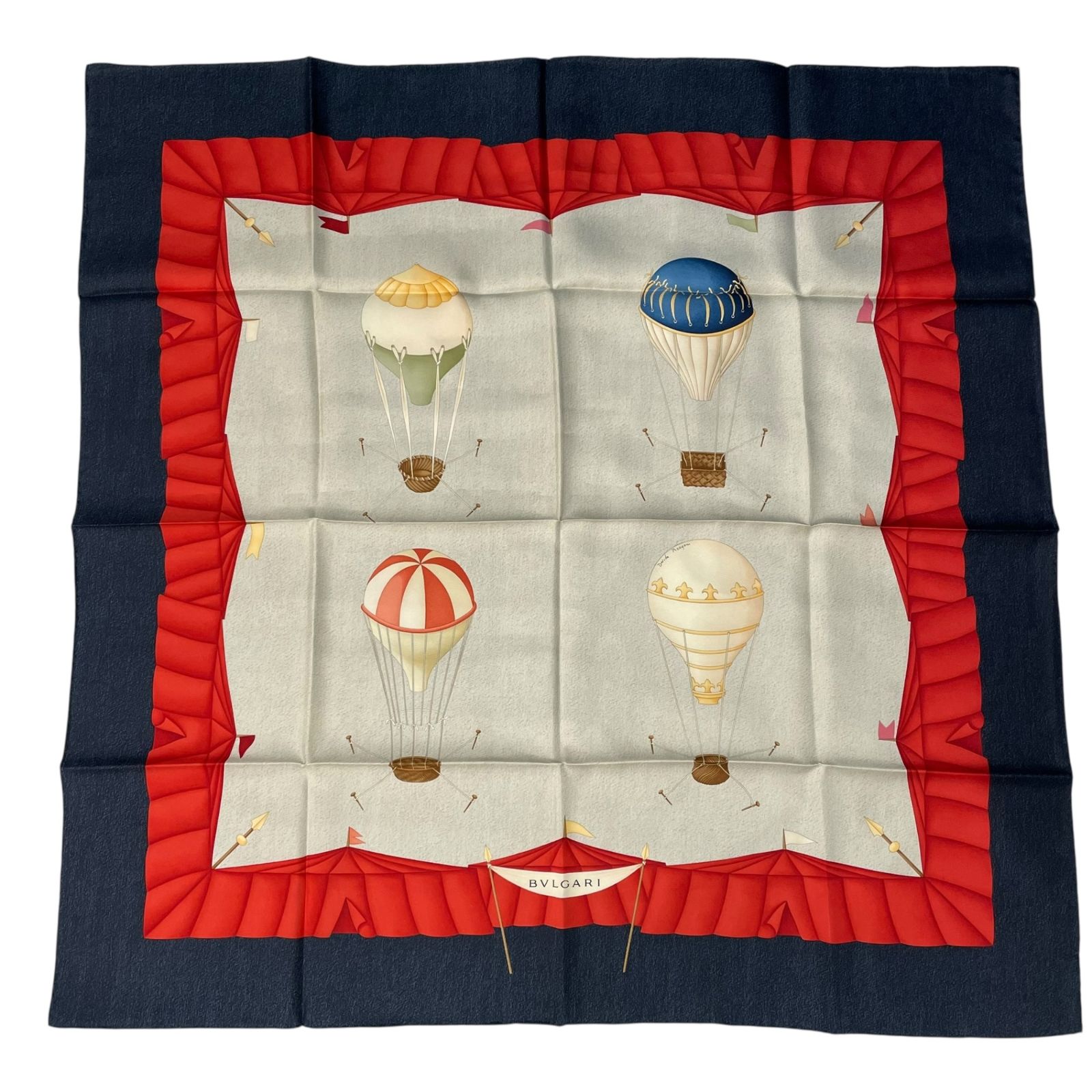 新品同様 BVLGARI ブルガリ スカーフ シルク 気球柄 ネイビー×レッド