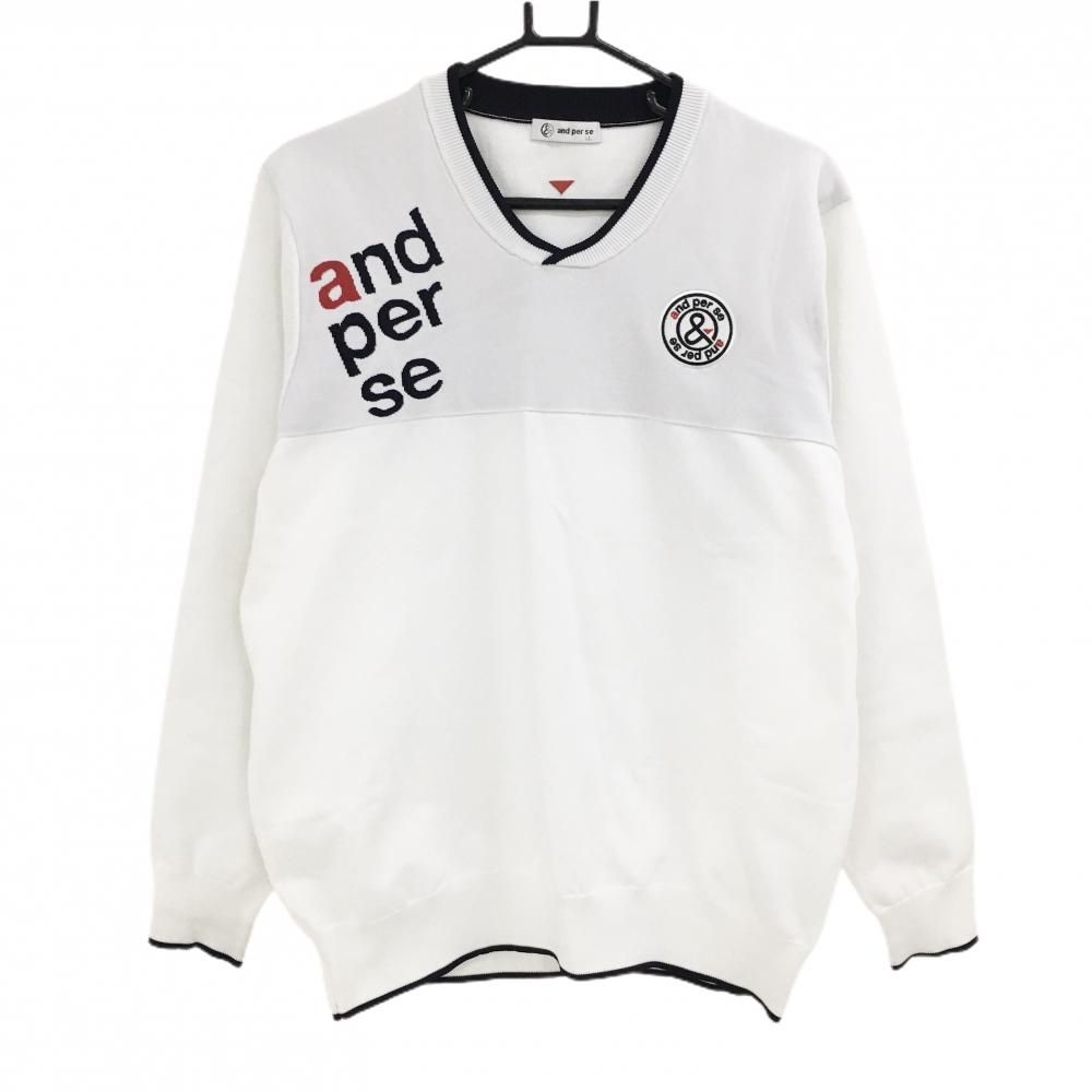 美品】アンパスィ セーター 白×ネイビー 胸元ロゴ ニット メンズ LL