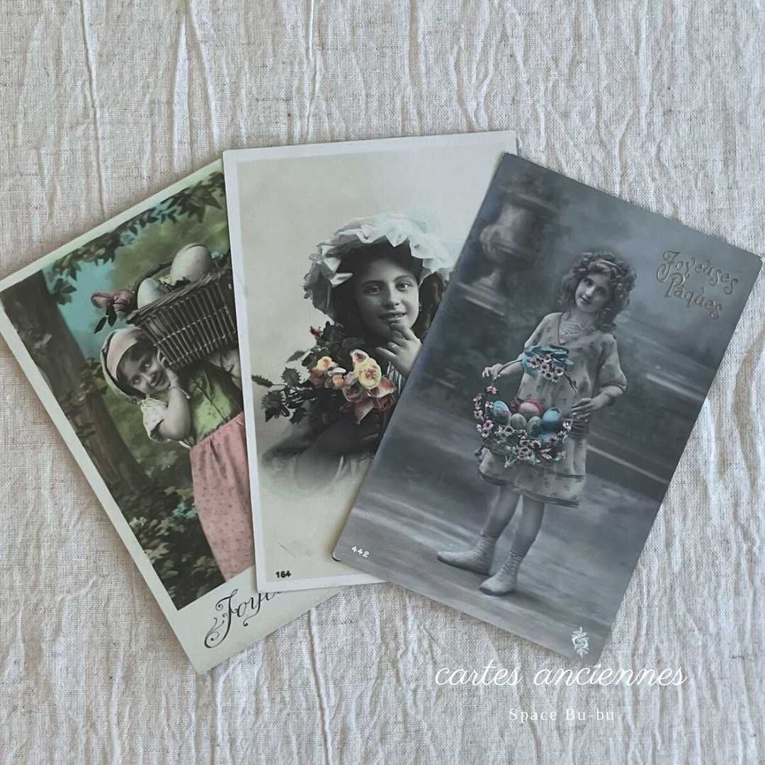 フランス アンティーク 少女ポートレート ポストカード 手彩色 3枚