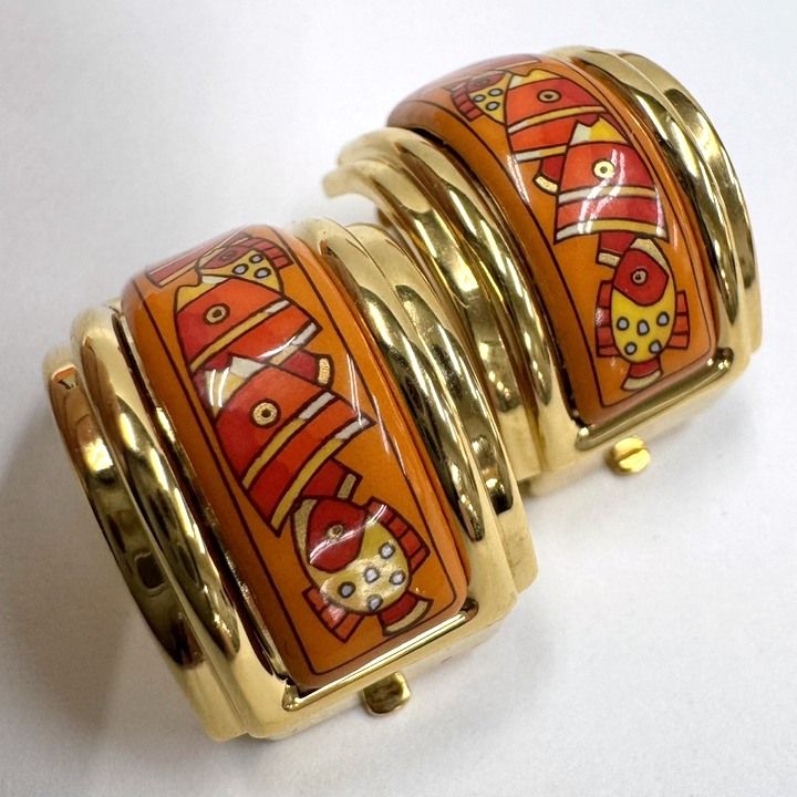 HERMES エルメス エマイユ デザイン・イヤリング 魚群 七宝焼き×GP