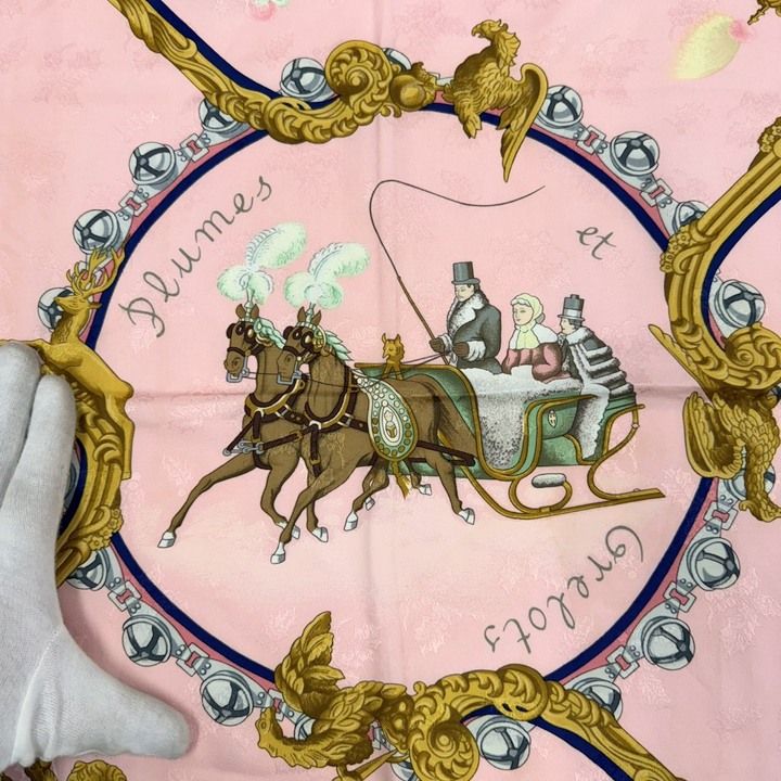 HERMES エルメス カレ90?羽飾りと鈴? Plumes et Grelots ピンク×マルチ