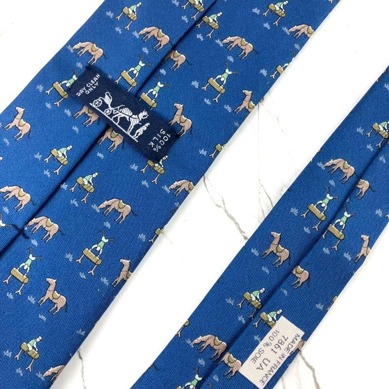 HERMES エルメス ネクタイ 馬総柄 ホース ブルー 光沢 肉厚 N1367