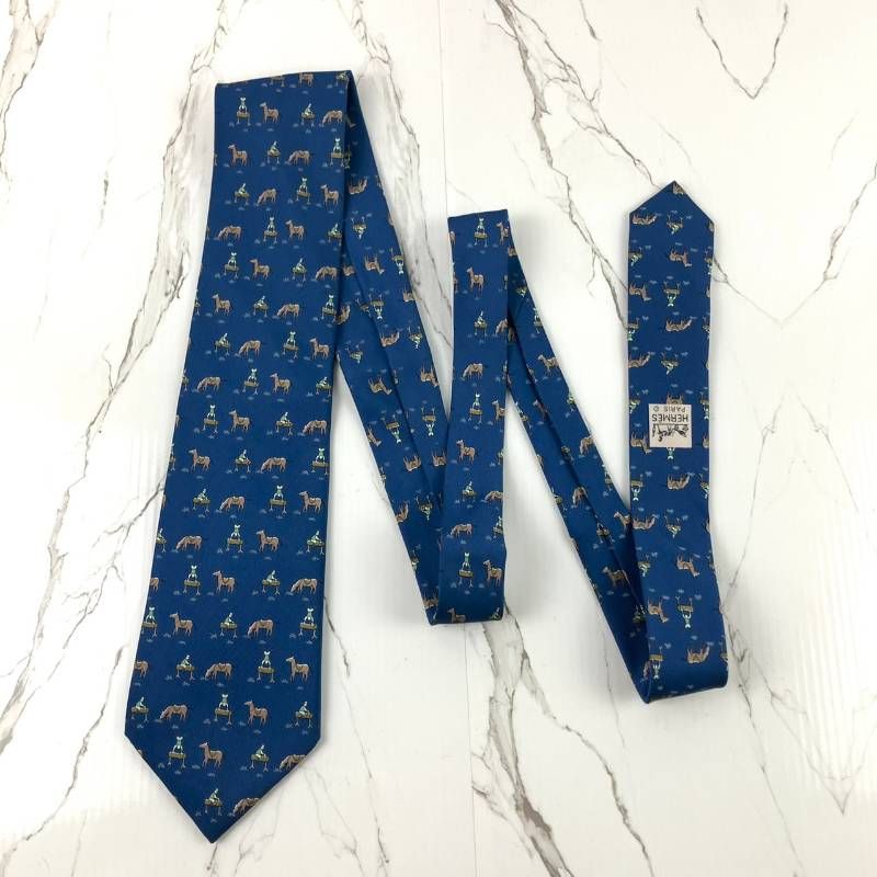HERMES エルメス ネクタイ 馬総柄 ホース ブルー 光沢 肉厚 N1367