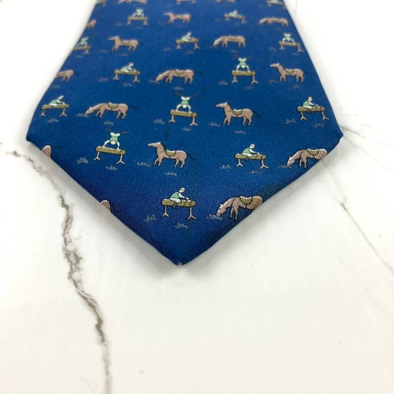 HERMES エルメス ネクタイ 馬総柄 ホース ブルー 光沢 肉厚 N1367
