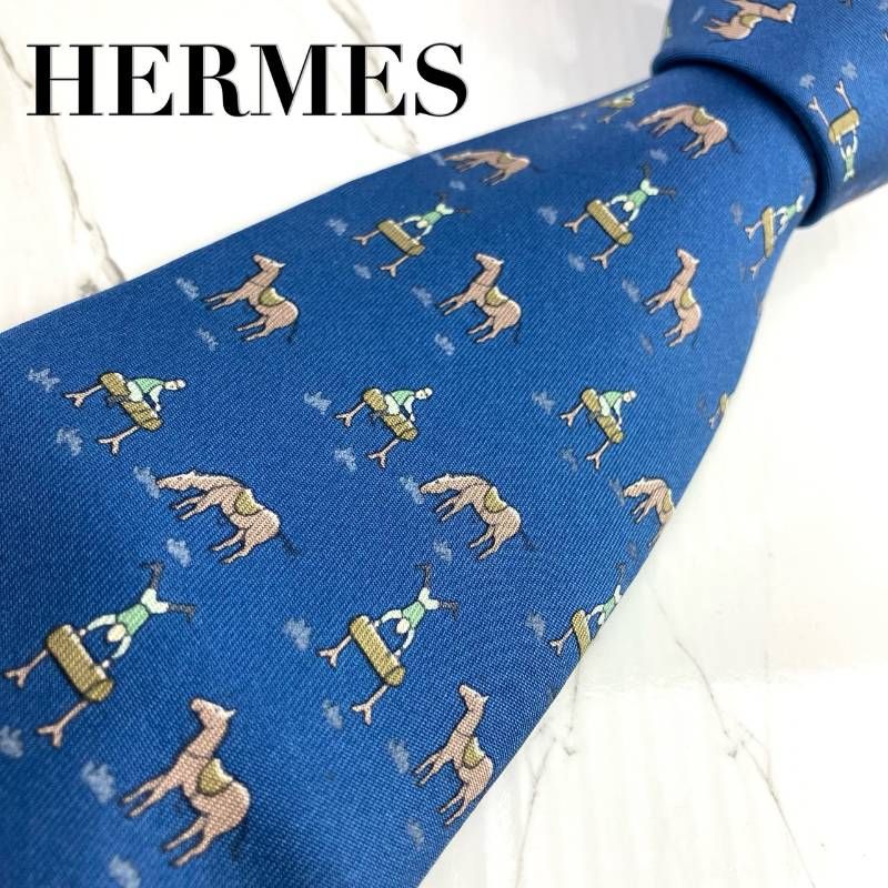 HERMES エルメス ネクタイ 馬総柄 ホース ブルー 光沢 肉厚 N1367