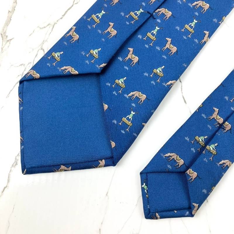 HERMES エルメス ネクタイ 馬総柄 ホース ブルー 光沢 肉厚 N1367