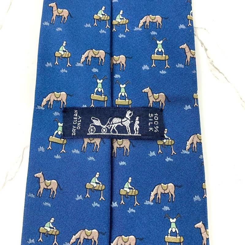 HERMES エルメス ネクタイ 馬総柄 ホース ブルー 光沢 肉厚 N1367
