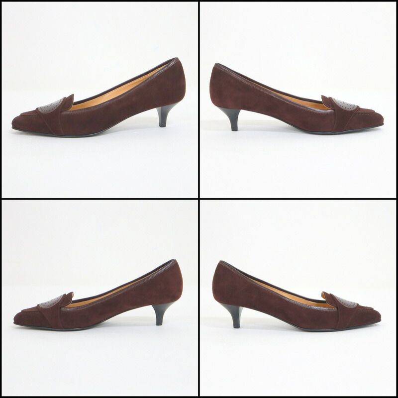 HERMES エルメス パンプス Hロゴパンチング ダークブラウン スエード