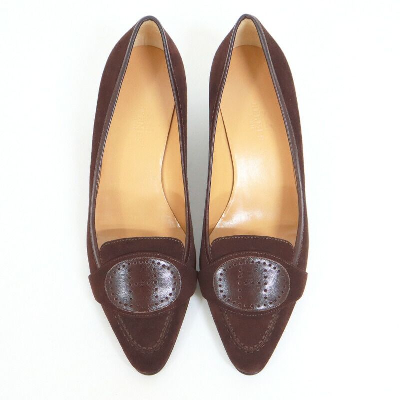 HERMES エルメス パンプス Hロゴパンチング ダークブラウン スエード