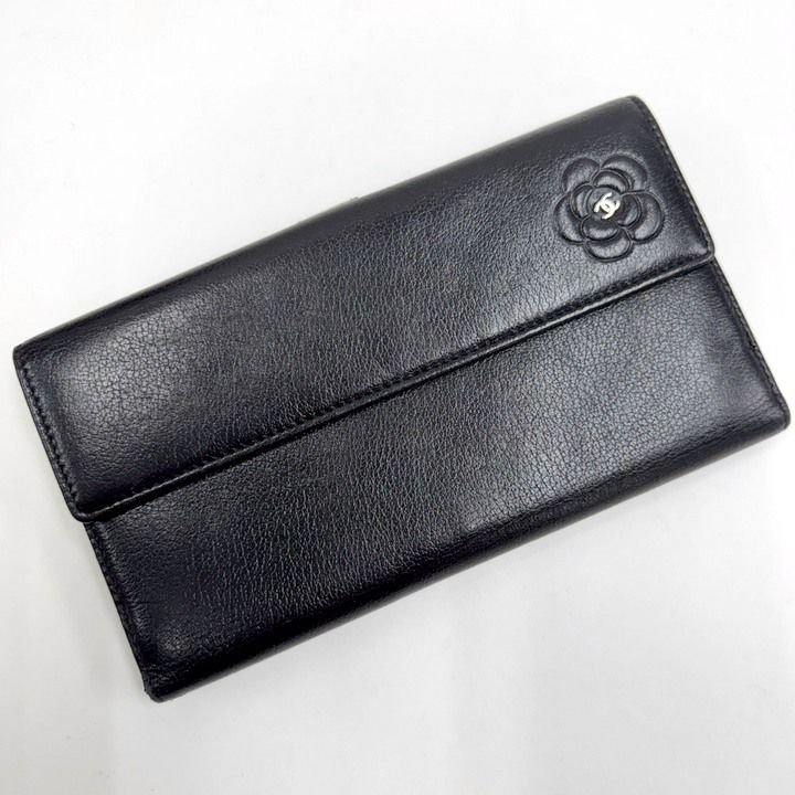 CHANEL シャネル バタフライカメリア 長財布 レザー ブラック×シルバー