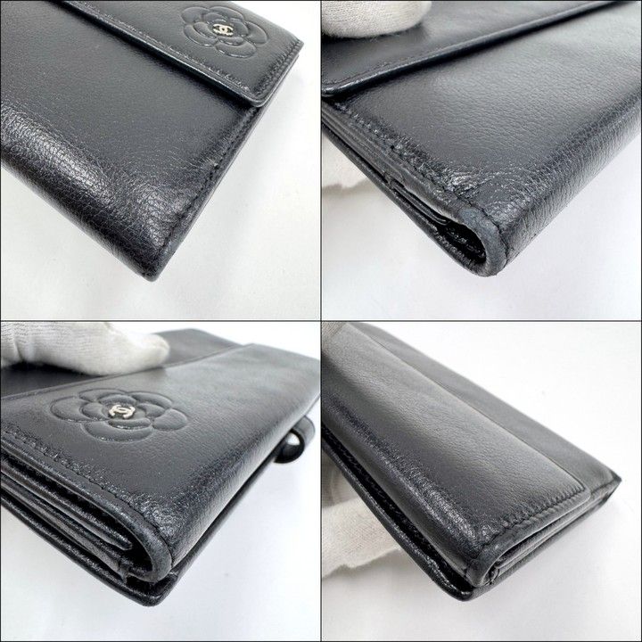 CHANEL シャネル バタフライカメリア 長財布 レザー ブラック×シルバー