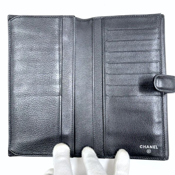 CHANEL シャネル バタフライカメリア 長財布 レザー ブラック×シルバー
