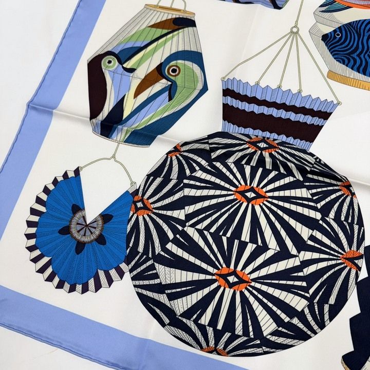 HERMES エルメス カレ90 スカーフ ランタン・風船・帽章 ブルーシエル