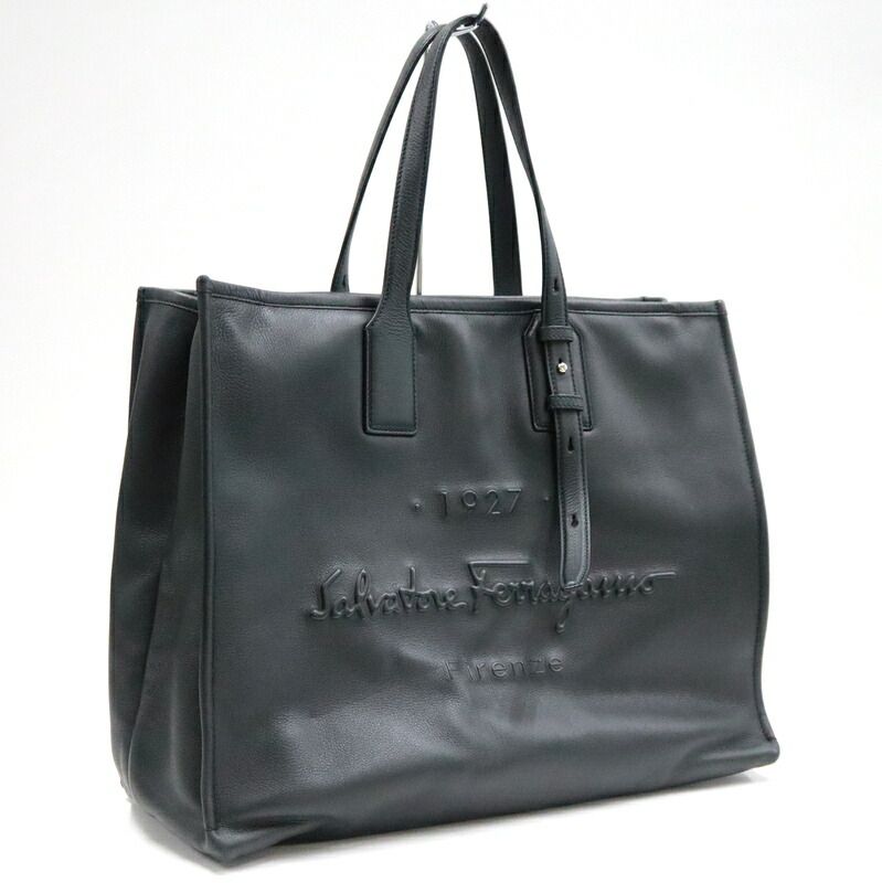 S.Ferragamo フェラガモ トートバッグ レザー ブラック×シルバー金具