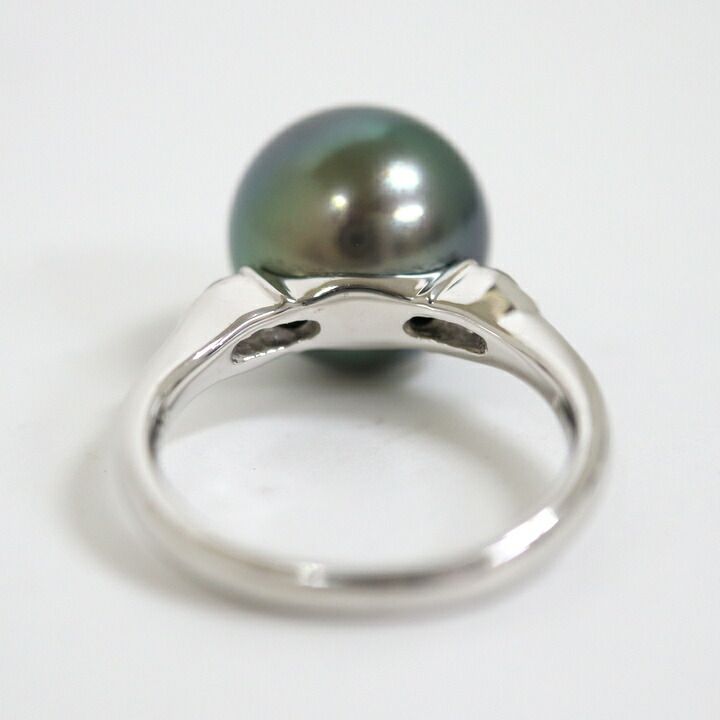 Jewelry Pt900 パールリング グリーン系真珠×両脇ダイヤ 12.0mm珠×D