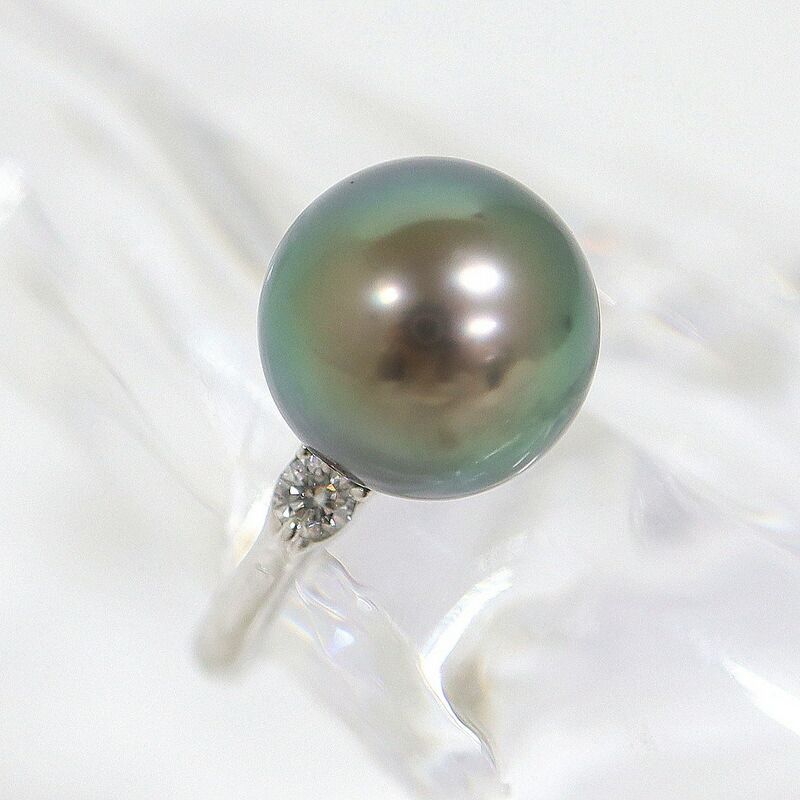 Jewelry Pt900 パールリング グリーン系真珠×両脇ダイヤ 12.0mm珠×D