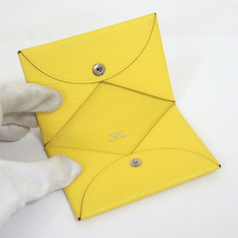 HERMES エルメス カルヴィ カードケース イエロー シェーブル D刻印