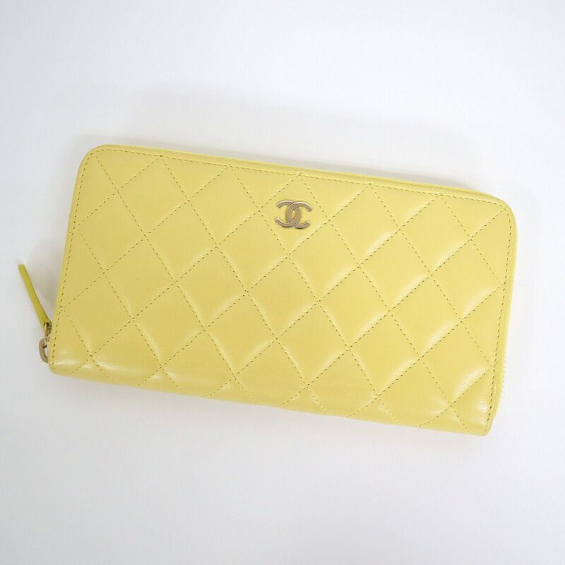 CHANEL シャネル ラウンドファスナー長財布 イエロー×ラムスキン