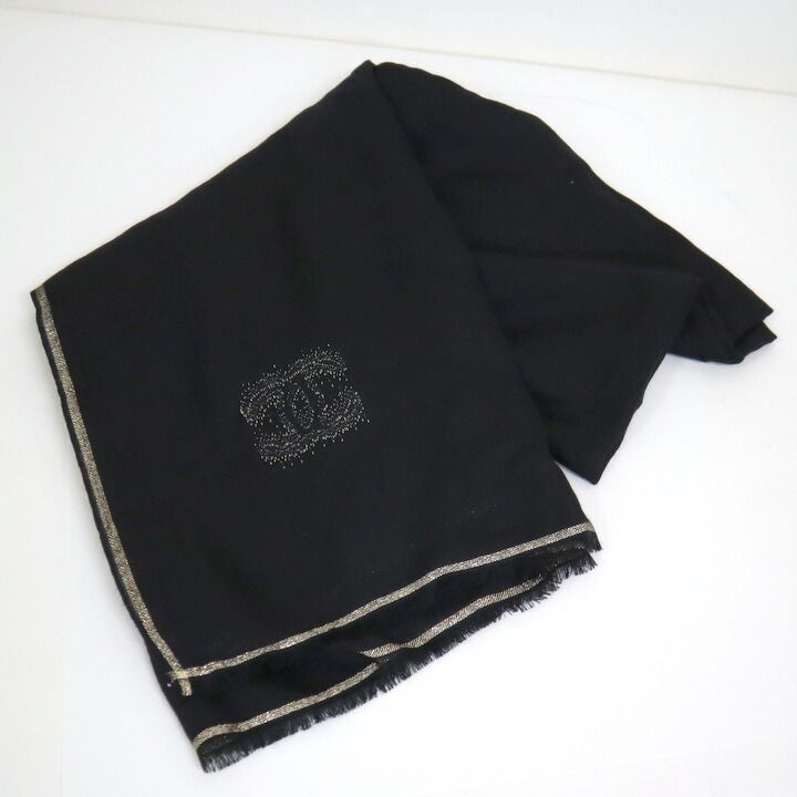 CHANEL シャネル カシミヤ大判ショール ブラック×ゴールド カシミヤ100