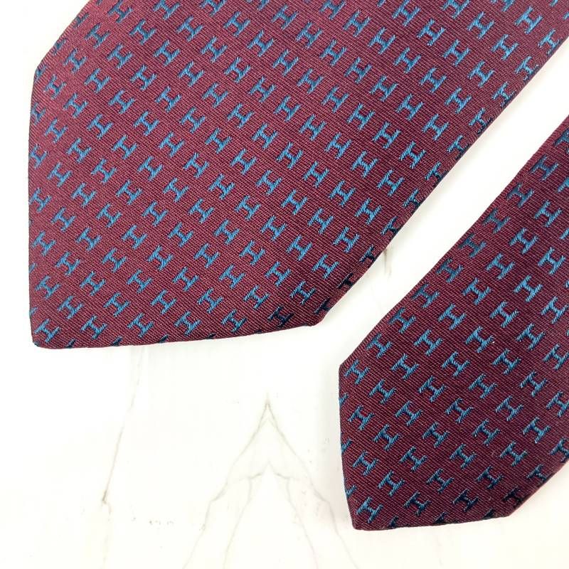 美品 HERMES エルメス ネクタイ ファソネ H柄 H織 ジャガード ボルドー