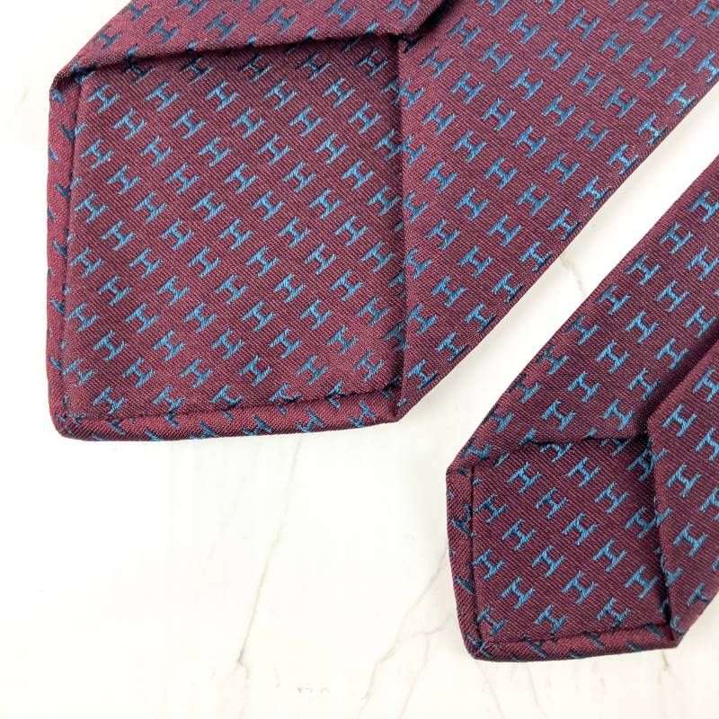 美品 HERMES エルメス ネクタイ ファソネ H柄 H織 ジャガード ボルドー