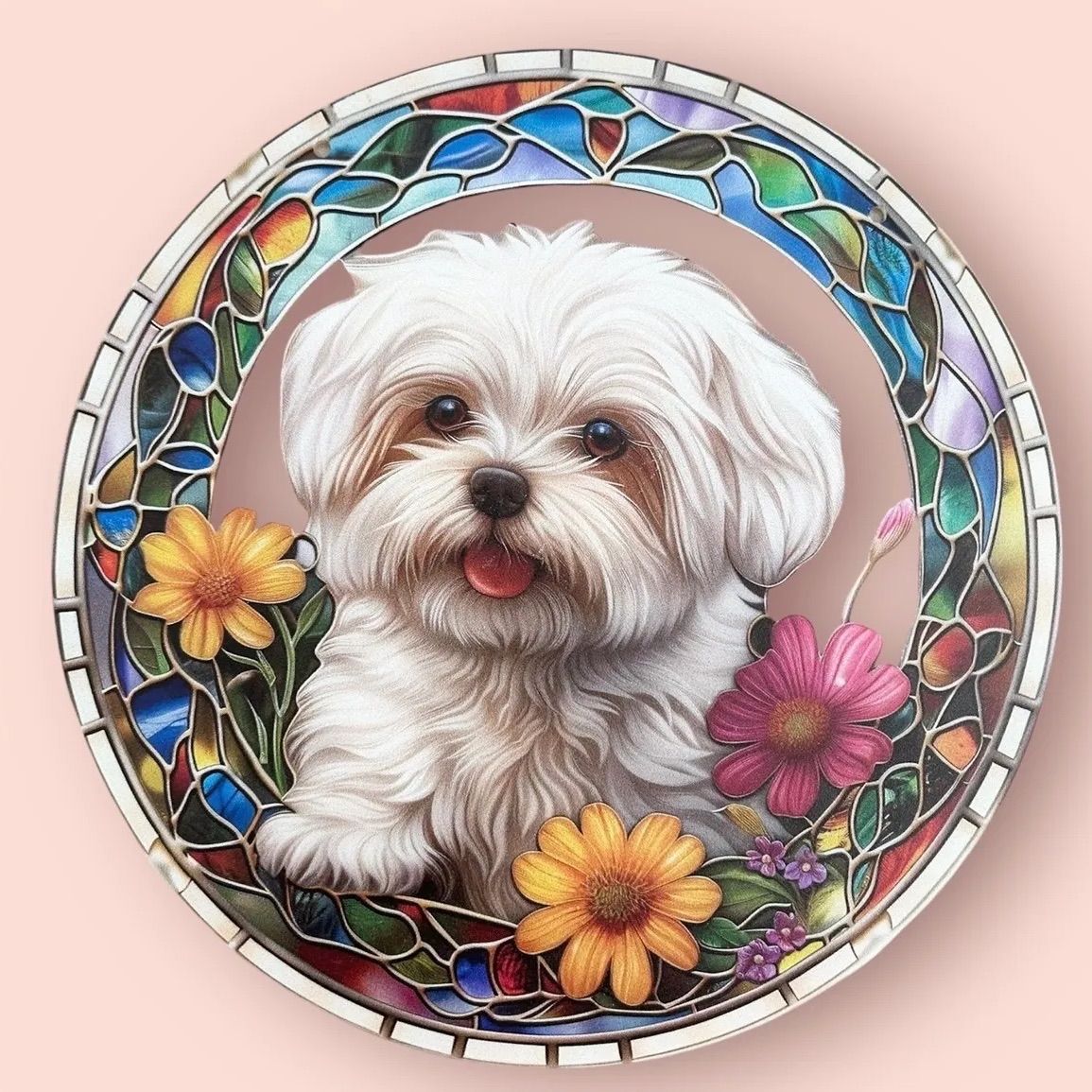 新品 マルチーズ サンキャッチャー 犬 インテリア 壁掛け 丸型 犬雑貨