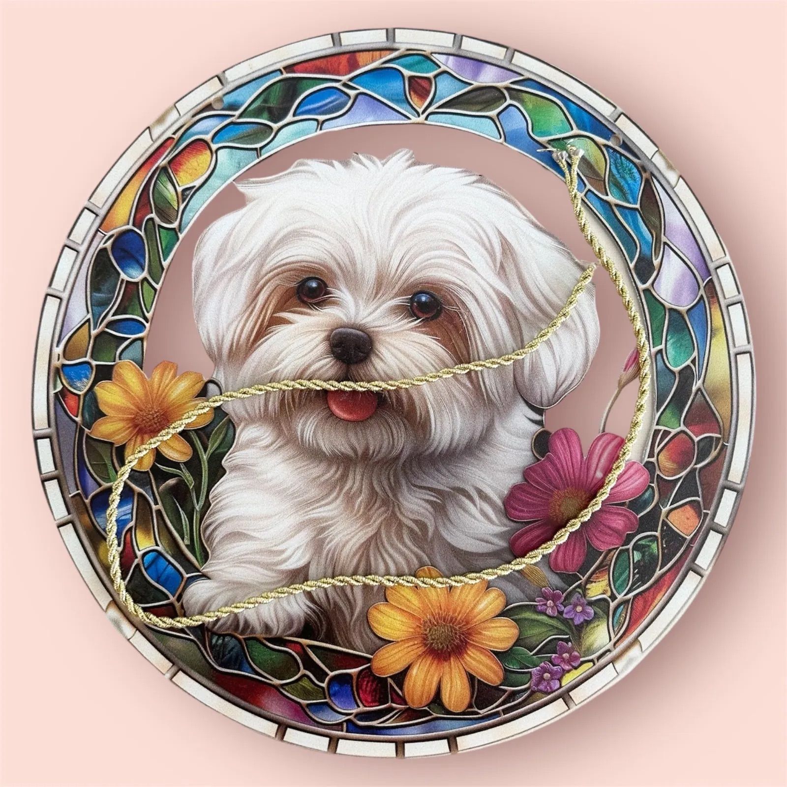 新品 マルチーズ サンキャッチャー 犬 インテリア 壁掛け 丸型 犬雑貨