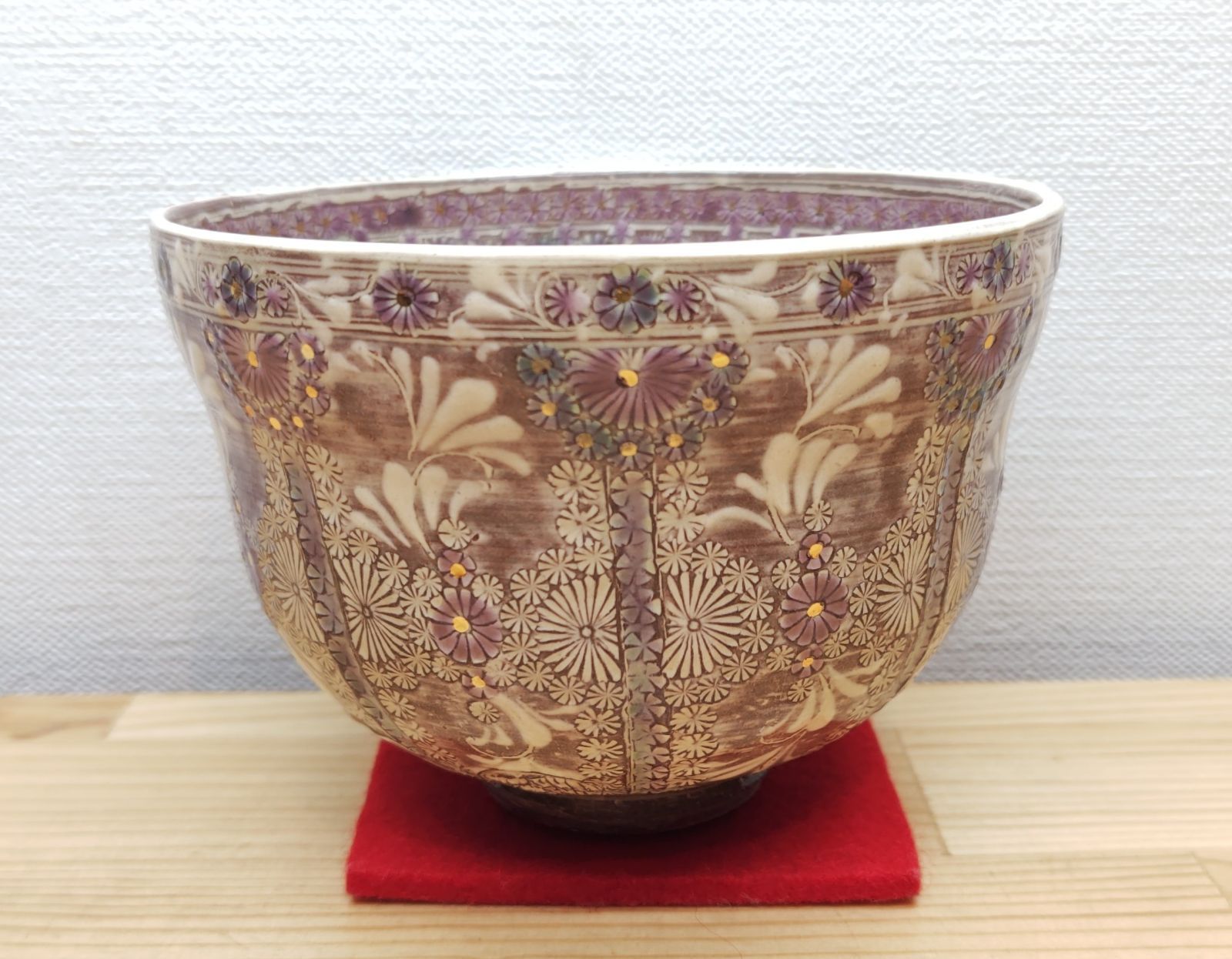 逢絢亭・新品】茶道具 茶碗 京焼 紫彩華紋 イ23 森里陶楽 共箱入り