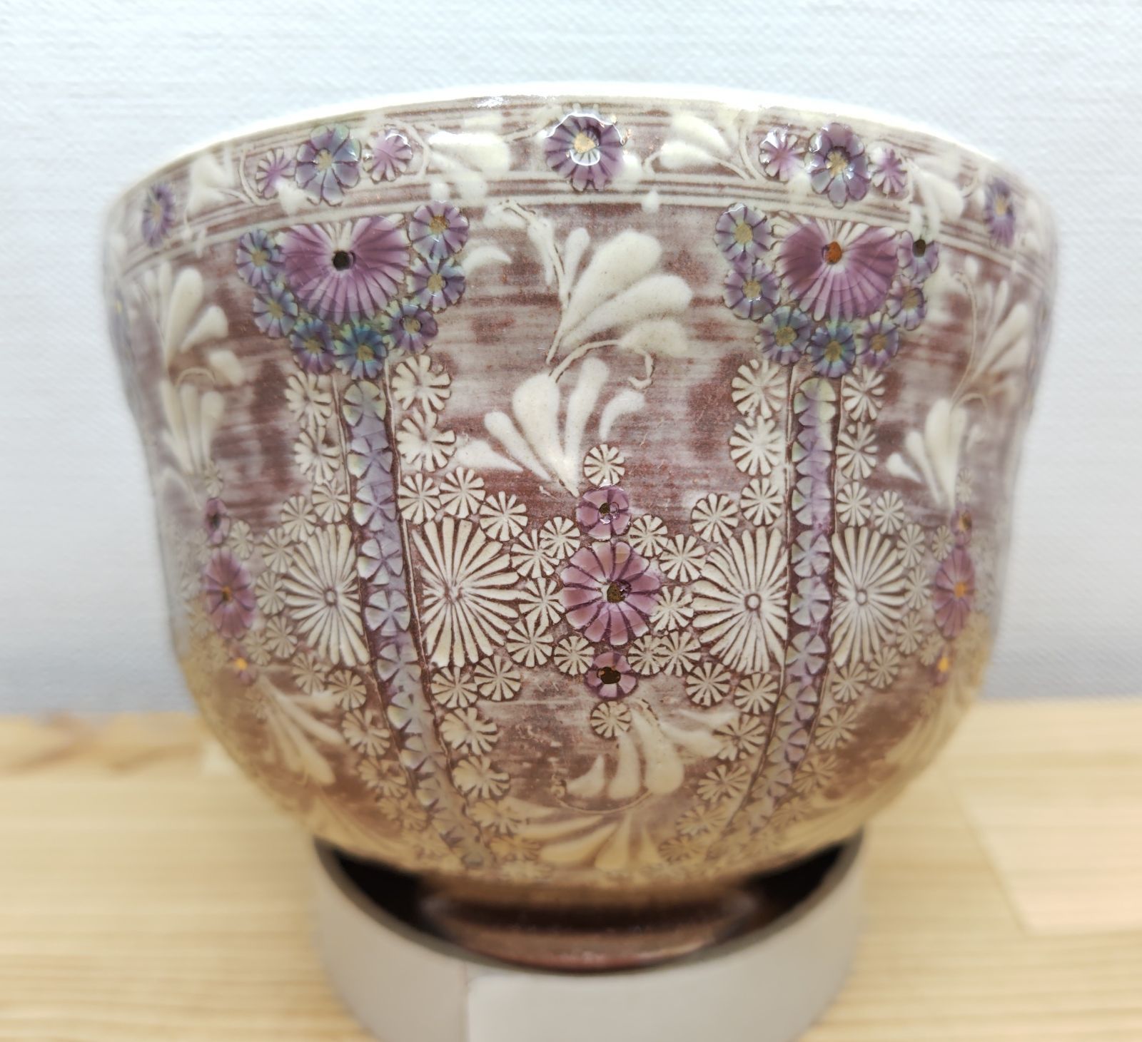 逢絢亭・新品】茶道具 茶碗 京焼 紫彩華紋 イ23 森里陶楽 共箱入り