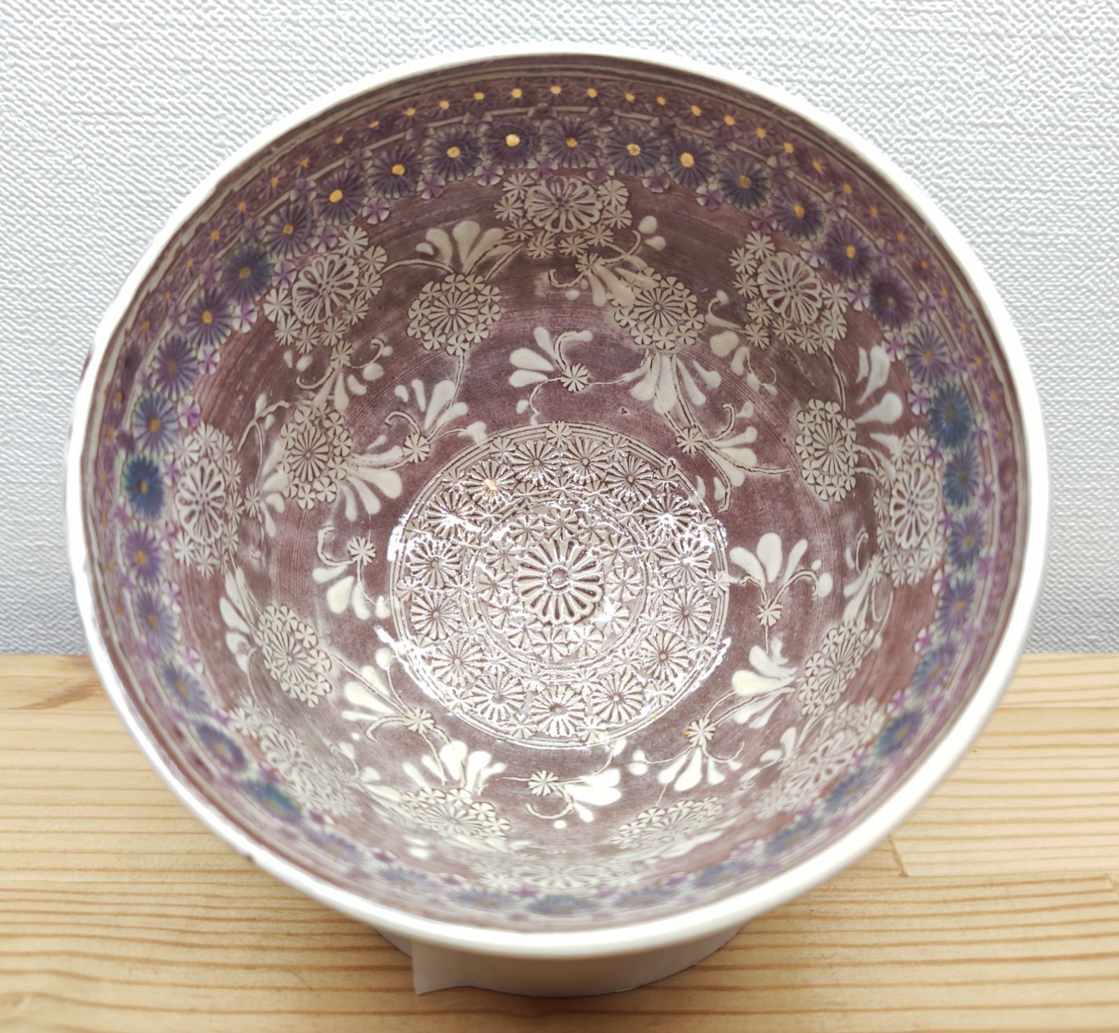 逢絢亭・新品】茶道具 茶碗 京焼 紫彩華紋 イ23 森里陶楽 共箱入り