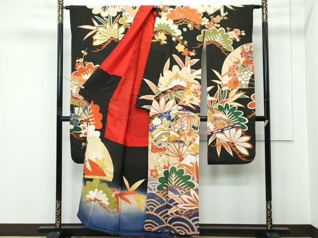 平和屋本店○極上 アンティーク 大正ロマン 振袖 駒刺繍 松竹梅扇面