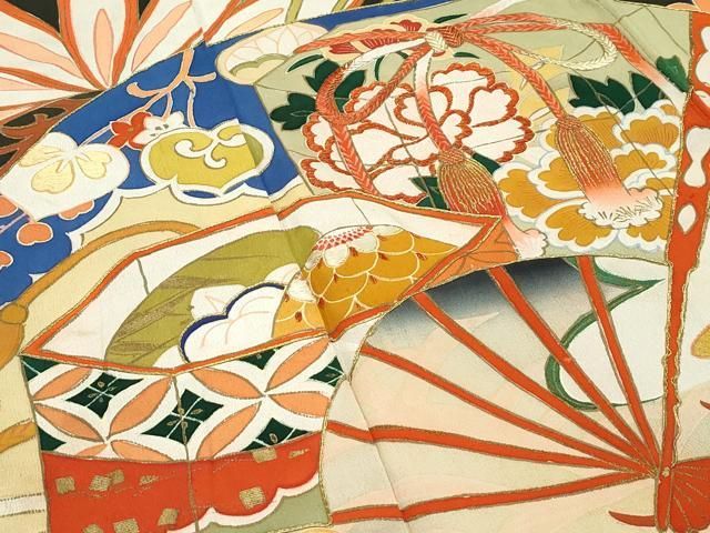 平和屋本店○極上 アンティーク 大正ロマン 振袖 駒刺繍 松竹梅扇面