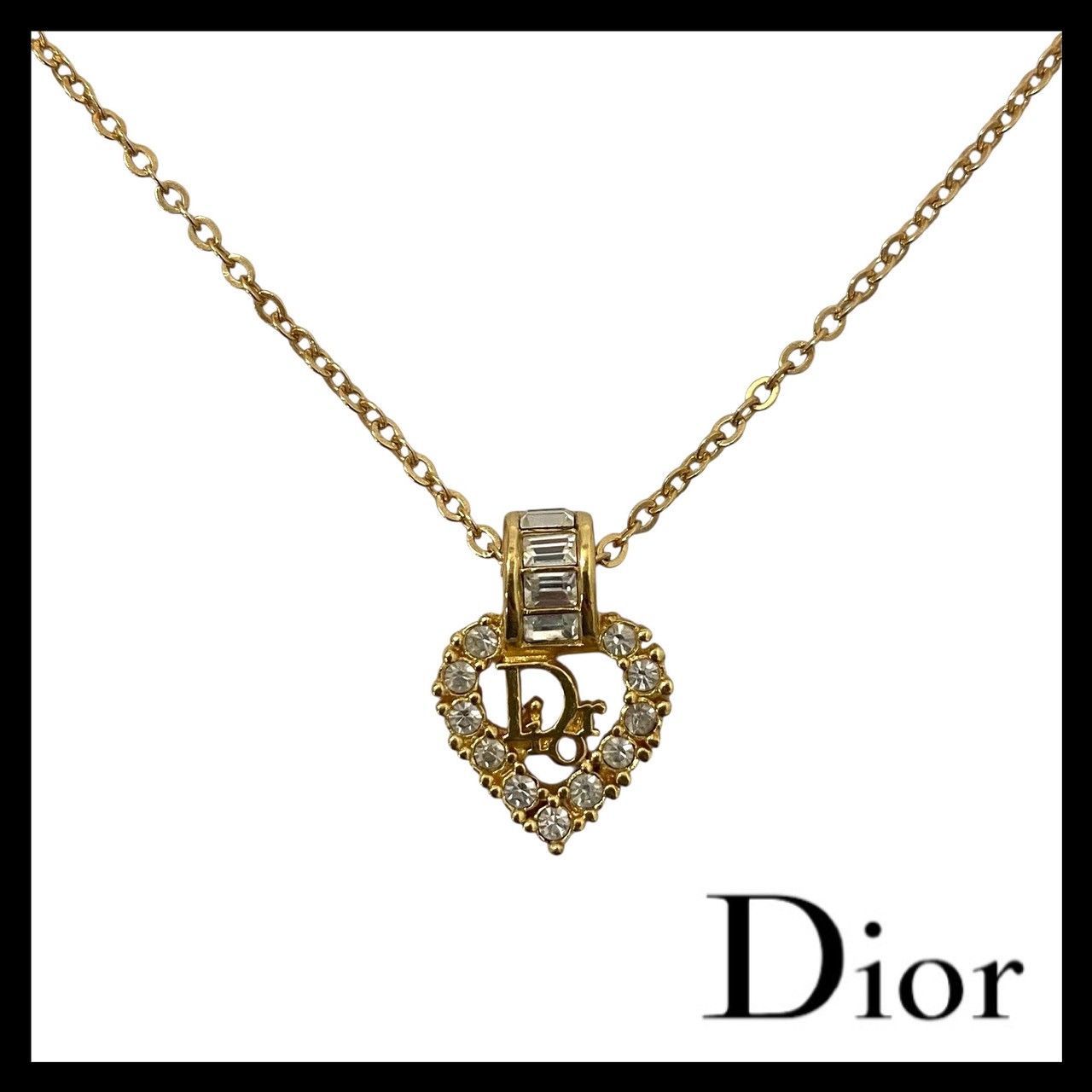 Dior】ロゴ ハート ネックレス ゴールド/金 カラー ラインストーン