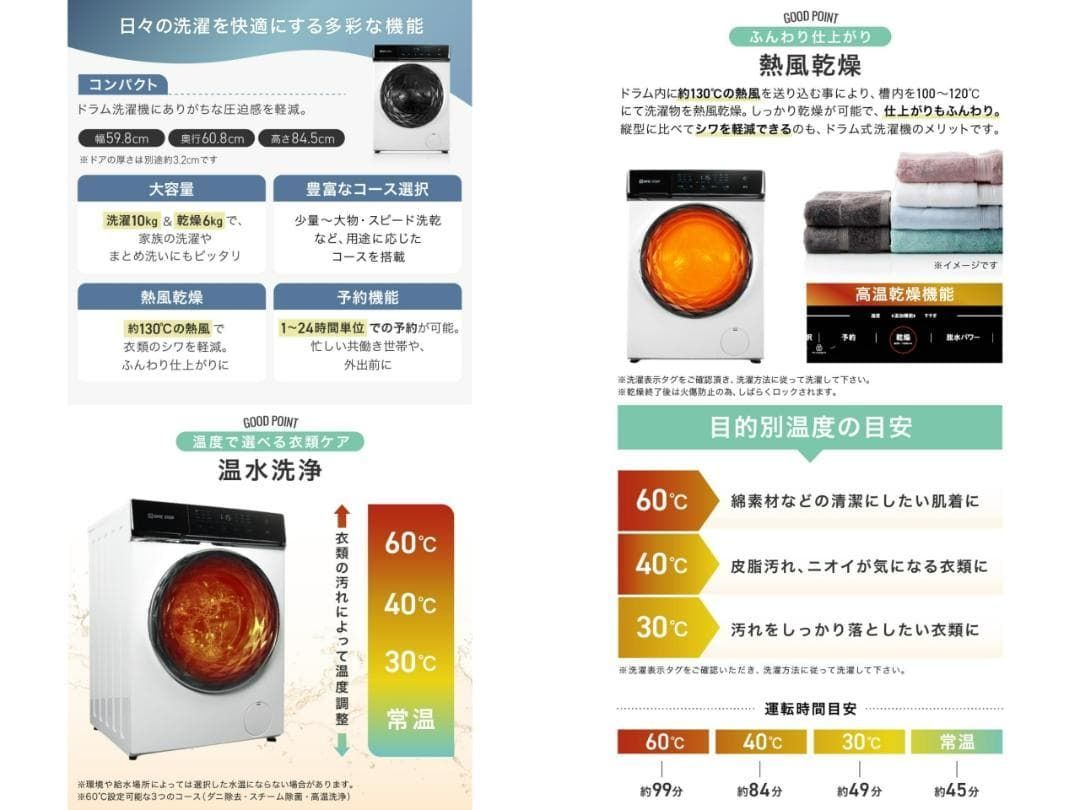 ドラム式 洗濯機 10kg 熱風乾燥 洗剤自動投入 水温調節 高温洗浄 左