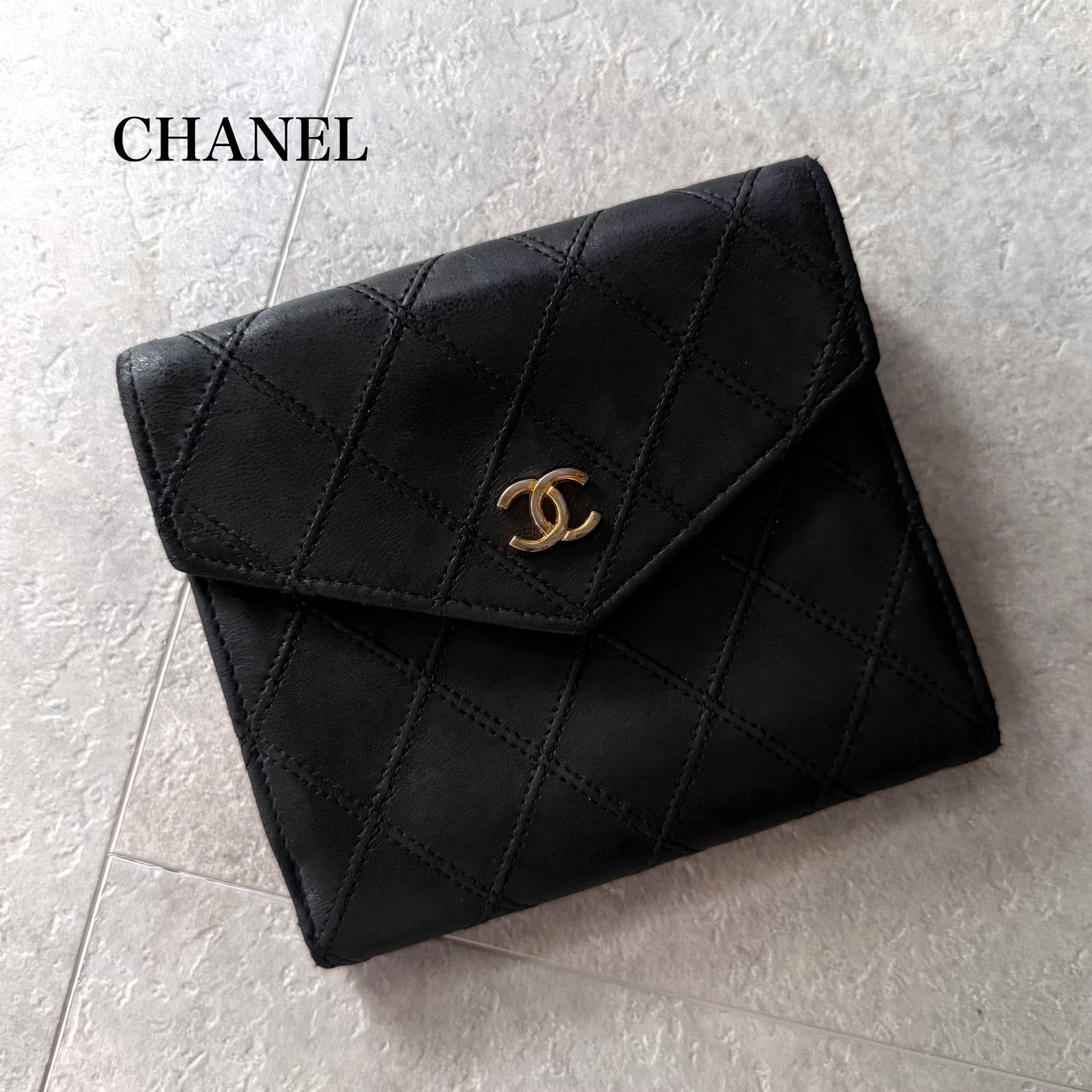 CHANEL シャネル ビコローレ 二つ折り財布 レザー Wホック ブラック 黒